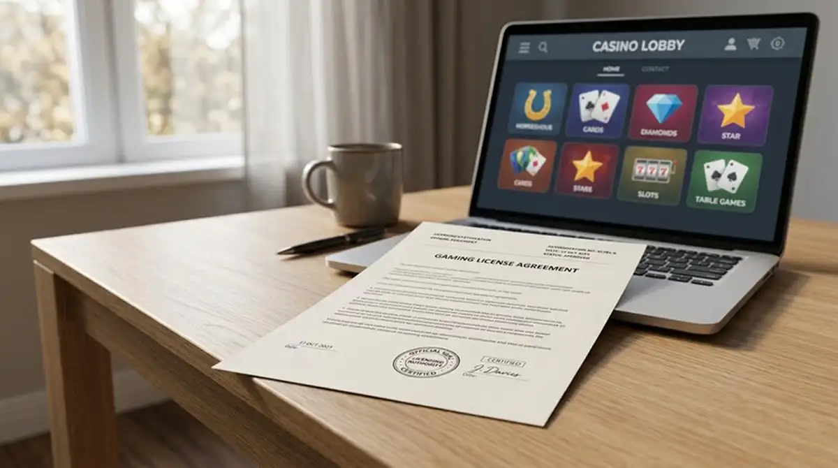 Casino uden ROFUS 2026 — licensdokument og bærbar computer på skrivebord til dansk spiller